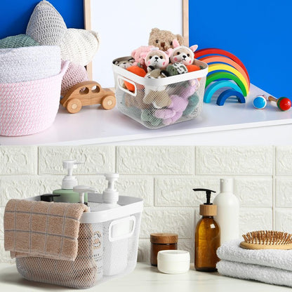 MorningRo 4 Pack Metal Mesh Basket with Hollow Handles White Wire Storage Bin for Organizing Stackable Metal Fine Mesh Basket for Pantry Bathroom Kitchen Cabinets Shelves (Medium)