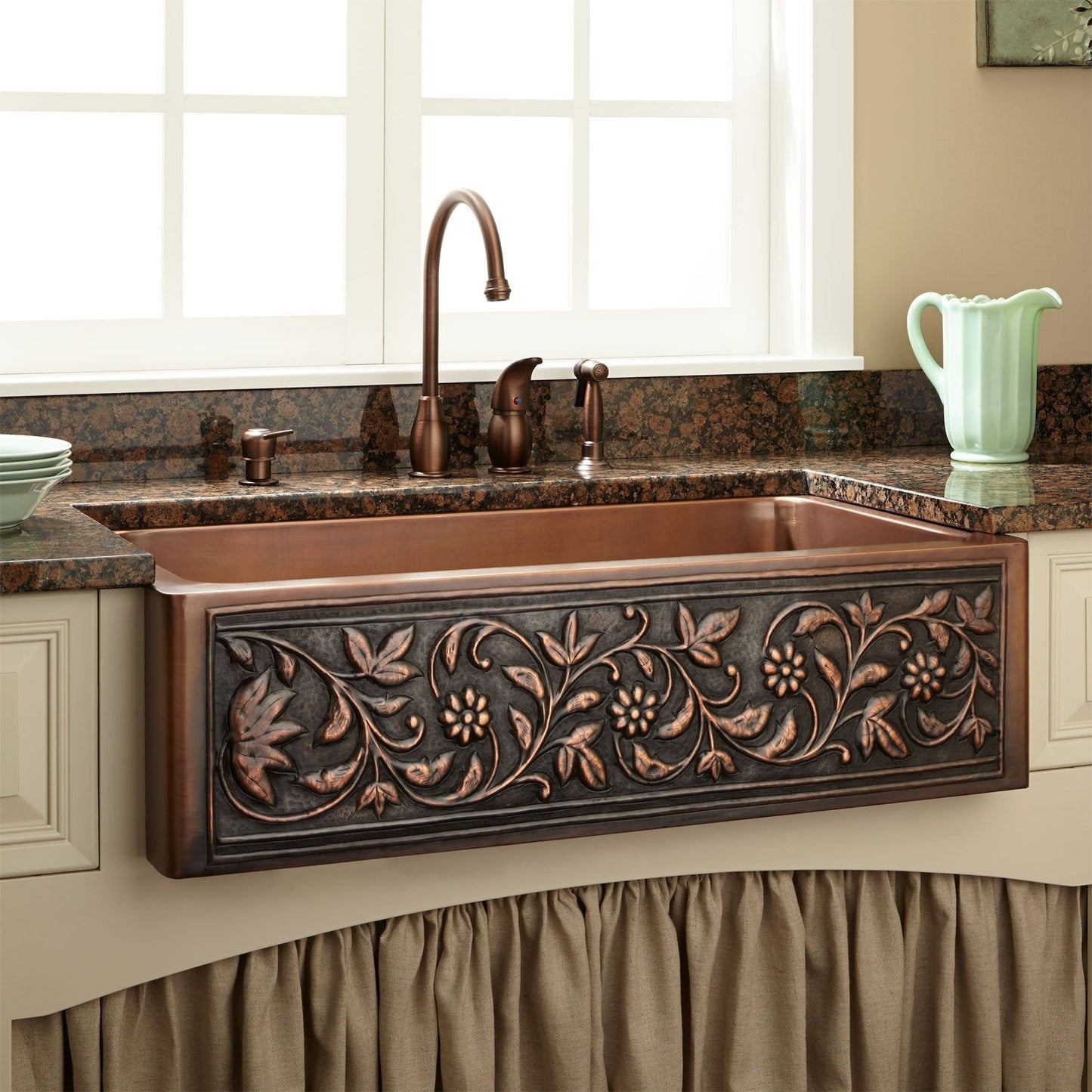 Signature Hardware 318918 32-3/4" Vine Design Farmhouse Single Basin Copper Kitchen Sink