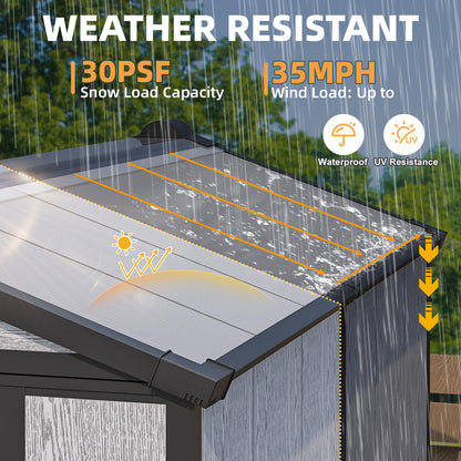 MELLCOM 4 x 6 FT Resin Outdoor Storage Tool Shed with Floor, Plastic Outdoor Storage Shed with Windows and Lockable Door, Garden Shed for Lawnmower, Pool Supply, Bike