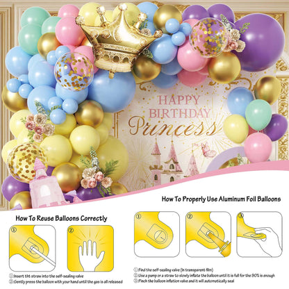 102pcs Princess Balloon Garland Arch Kit with Giant Pink Castle & Gold Crown Foil Balloons, 18/12/10/5 Inch Macaron Pastel Rainbow Latex for Girls Birthday, Fairytale Baby Shower
