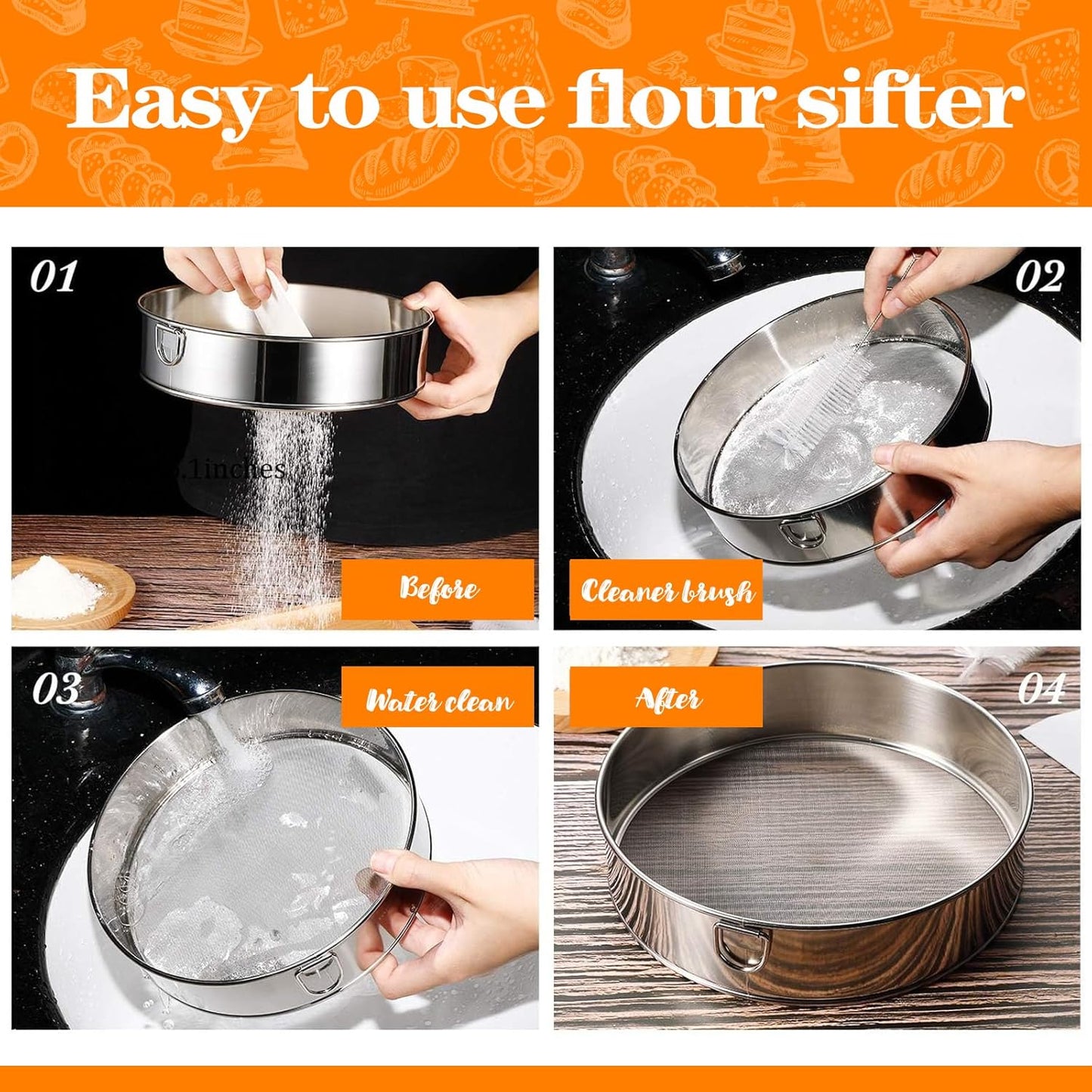 Sifter for Baking, Stainless Steel Round Flour Sifter with Dough Scraper, Diameter 6-8-10-12inch, Mesh-Hole Size 0.25mm