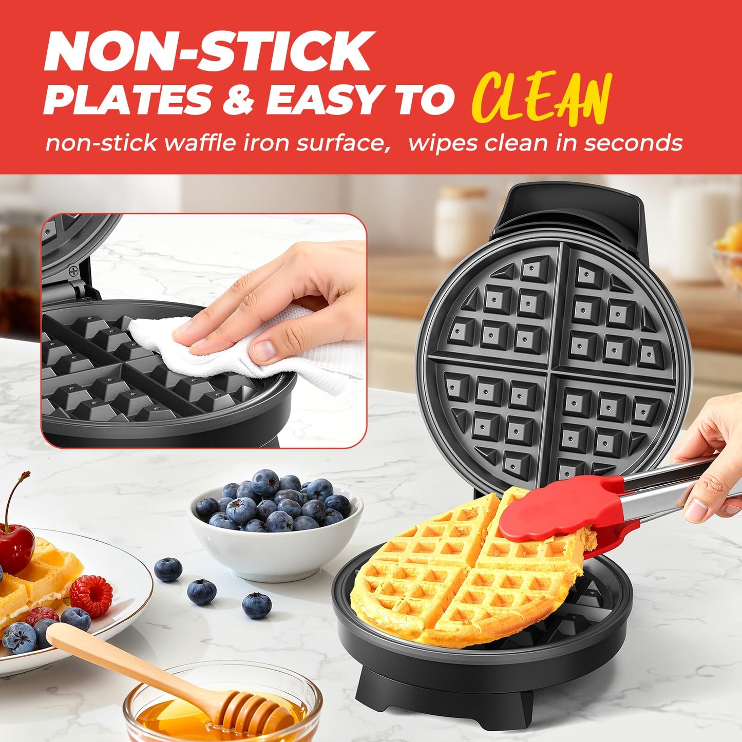 Waffle Maker, 7“ Round Classic Belgian Waffle Iron, Adjustable Browning Control, Easy-Clean Nonstick Plates & Cool Touch Handle, Space Saving Storage, Stainless Steel