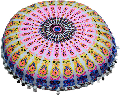 22" CRAFT KALA Floor Pillows Cover for Sitting, Large Meditation Cushions Cover for Adults, Bohemian Mandala Round Pouf