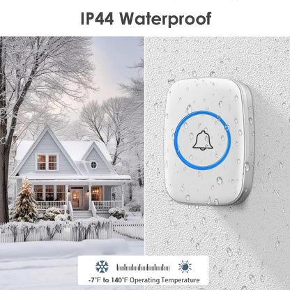 Wireless Doorbell, Waterproof Door Bell Kit, Distinguish Front and Rear Doors, Over 1000 feet Range and 60 Chime, 5 Levels Volume and LED Flash, for Home Office Classroom