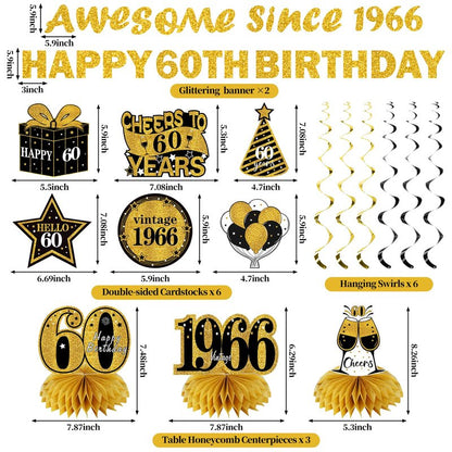 Kuxriox 11Pcs 60th Birthday Decorations Kit for Men Women, Black Gold Happy 60th Birthday Banner, Awesome Since 1966 Centerpieces Swirls Party Supplies, Sixty Bday Banner Ceiling Table Topper Sign