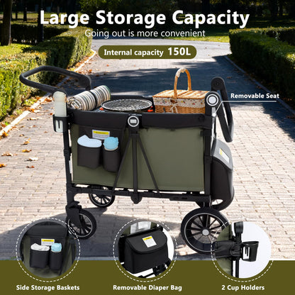 Kinder King Wagon Stroller for 2 Kids, All-Terrain Foldable Outdoor Stroller Wagon 2 Seater, Removable Canopy, Adjustable Handle, Shock-Absorbing Wheel, Detachable Tray, Large Storage, Green