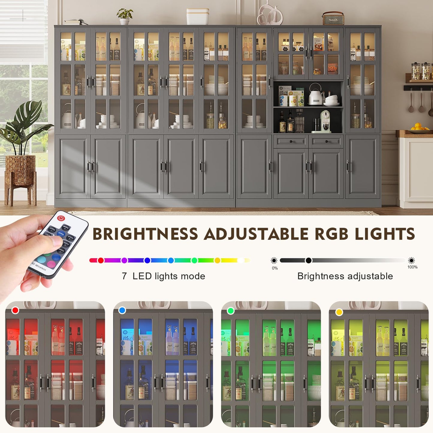 MEISSALIVVE 78.7" Tall Pantry Cabinet with LED Lights, Freestanding Kitchen Pantry with Glass Doors, Large Food Storage Cabinet, Grey (47.2" W x 15.7" D)