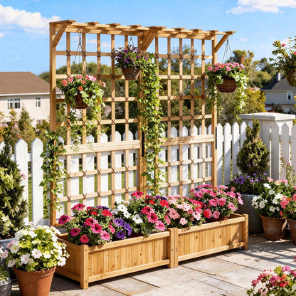 Aoxun 108" Raised Garden Bed with Trellis, Wood Planter Container with Hanging Roof & Garden Boxes for Climbing Plants Flowers Vine (3 piece)