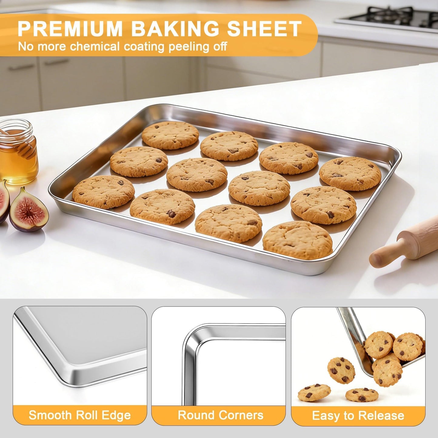 Onader Baking Sheet Set of 2, 12.5" x 9.7" Food-Grade Stainless Steel Quarter Sheet Pans for Baking, Metal Cookie Toaster Oven Pan Tray, Heavy Duty & Dishwasher Safe