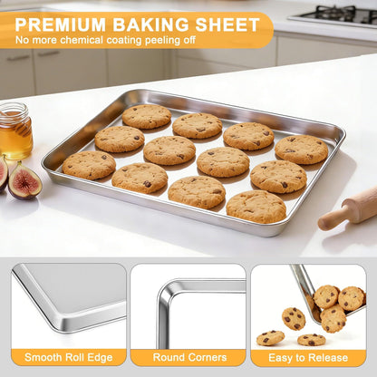 Onader Baking Sheet Set of 2, 12.5" x 9.7" Food-Grade Stainless Steel Quarter Sheet Pans for Baking, Metal Cookie Toaster Oven Pan Tray, Heavy Duty & Dishwasher Safe