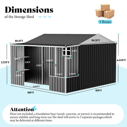VanAcc 10×10.5×7 FT Metal Storage Shed, Dual-Zone Tool Shed with Work Area, Reinforced Frame, Gable Roof, Ventilated Design, Dark Grey