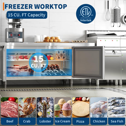 71" Undercounter Commercial Prep Table Freezer – 18 cu. ft. Stainless Steel, 2-Door Frost-Free Freezer Station with Worktop, for Restaurants, Bars, & Food Service"