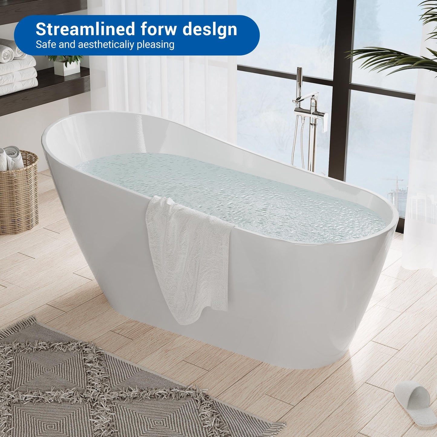 67" Acrylic Freestanding Bathtub, Modern Free Stand Bathtub with Chrome Drain & Overflow, Home Spa, Glossy White