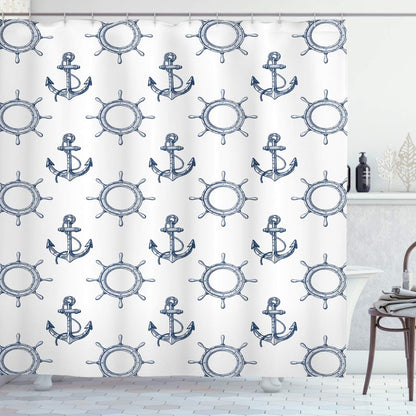 Ambesonne Ships Wheel Shower Curtain, Night Blue Anchors and Steering Wheels Pattern, Marine Themed Print, 69" W x