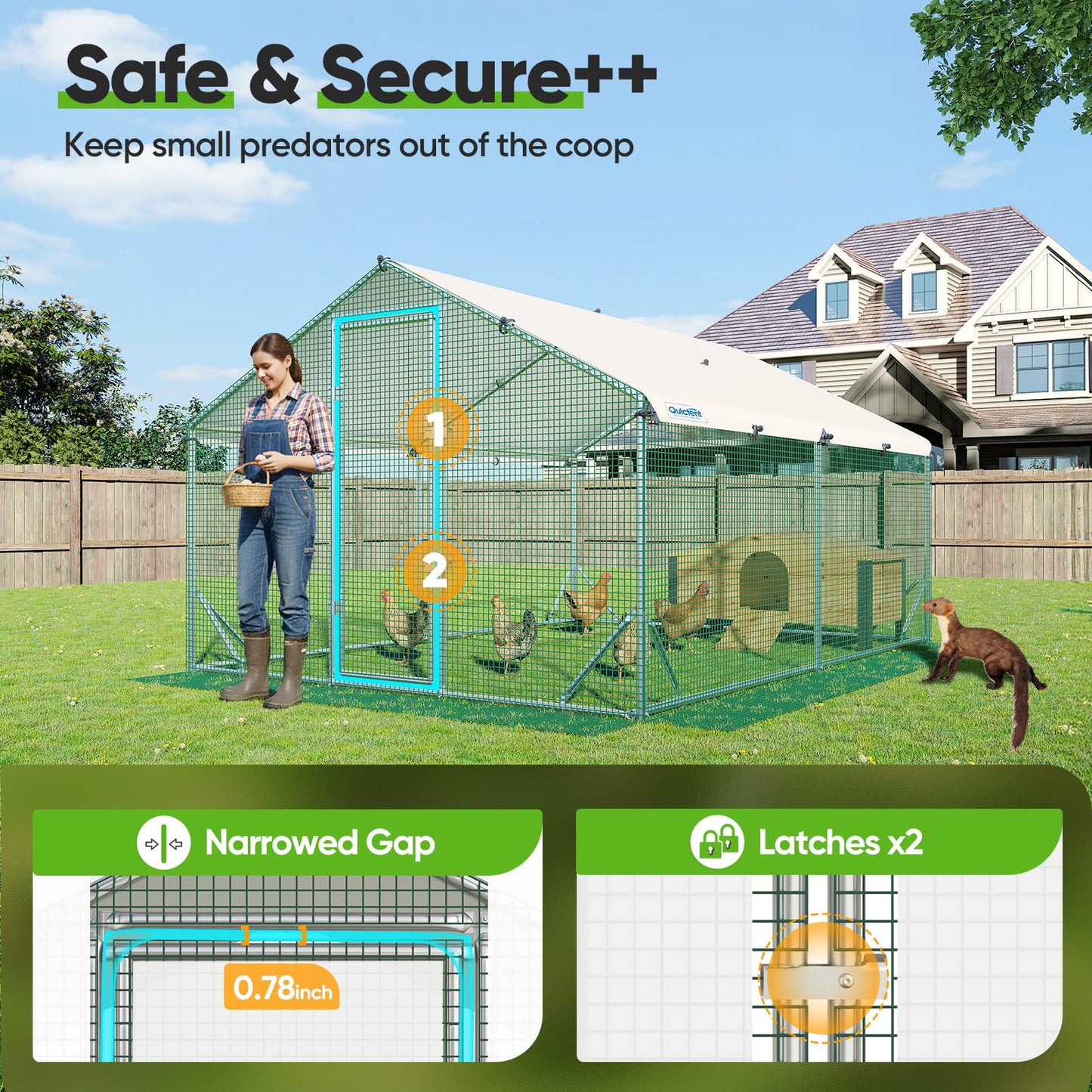 Quictent Large Metal Chicken Coop Run for 20+ Poultry with Beige Nest Box, Side Hardware Cloth & Cover, Advanced Series Outdoor Walk-in Cage Hen Duck Rabbit Dog Pen Yard Farm House, 12x9x6.6FT