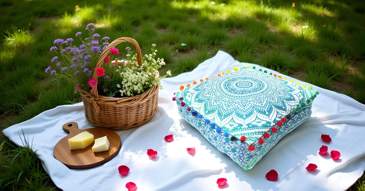 16" CRAFT KALA Green Ombre Large Hippie Mandala Meditation Floor Ottoman Pillow Cushion Pouf Cover Square Poufs