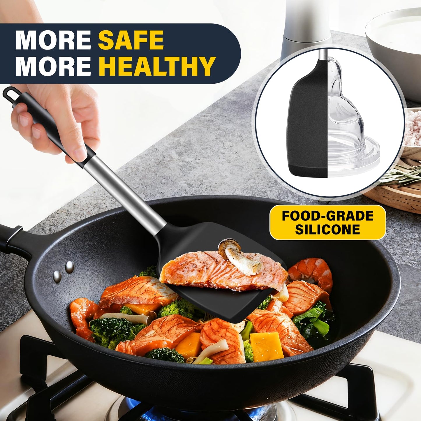 3 Pcs Silicone Spatula Set, Heat Resistant Solid & Slotted Turner for Non-Stick Pans, Silicone Cooking Utensils Set, BPA-Free, Flexible Spatula Turner for Flipping Eggs, Burgers, Pancakes, Black