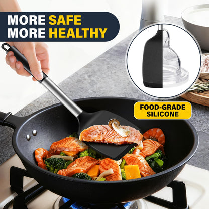 3 Pcs Silicone Spatula Set, Heat Resistant Solid & Slotted Turner for Non-Stick Pans, Silicone Cooking Utensils Set, BPA-Free, Flexible Spatula Turner for Flipping Eggs, Burgers, Pancakes, Black