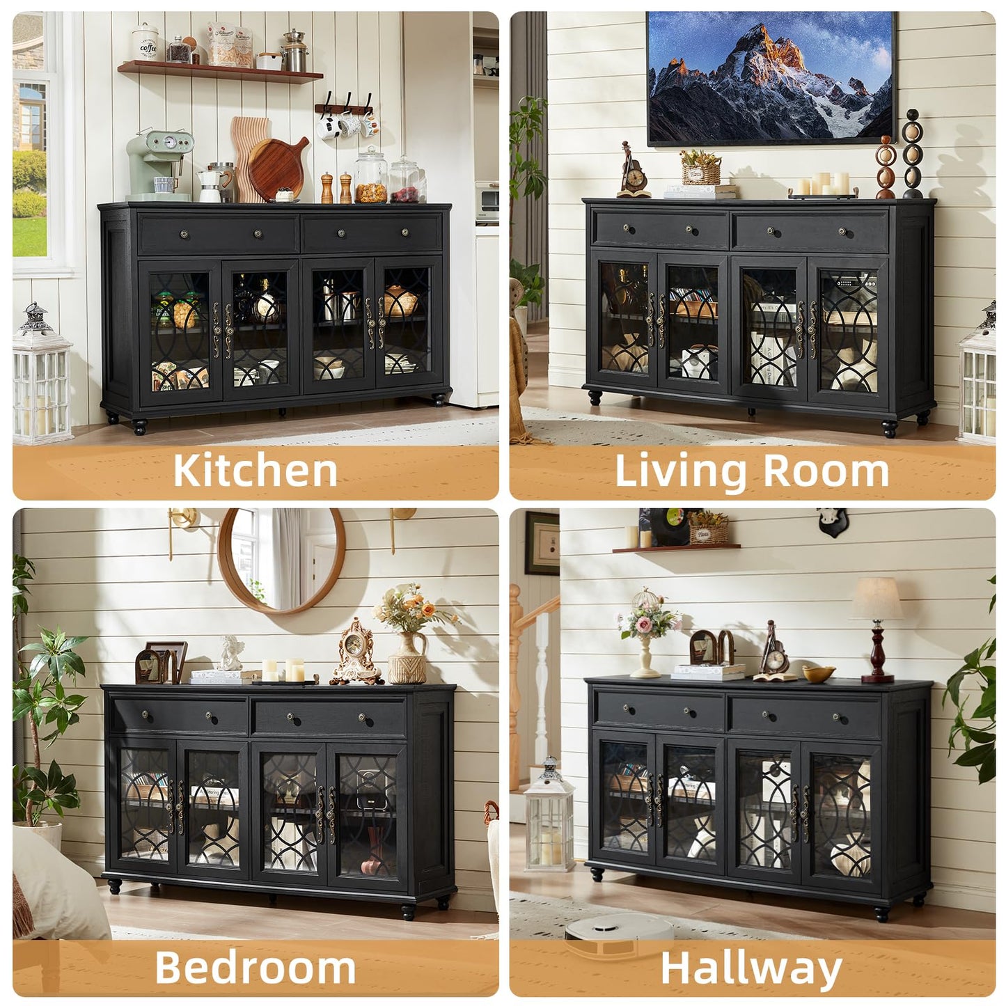 Joaxswe Farmhouse Sideboard Buffet Cabinet with Storage,59" Large Credenza with 4 Glass Doors & 2 Drawers,Adjustable Shelves Console Table,Wood Kitchen Coffee Bar for Dining Room,Living Room,Black
