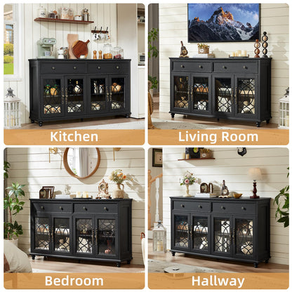 Joaxswe Farmhouse Sideboard Buffet Cabinet with Storage,59" Large Credenza with 4 Glass Doors & 2 Drawers,Adjustable Shelves Console Table,Wood Kitchen Coffee Bar for Dining Room,Living Room,Black