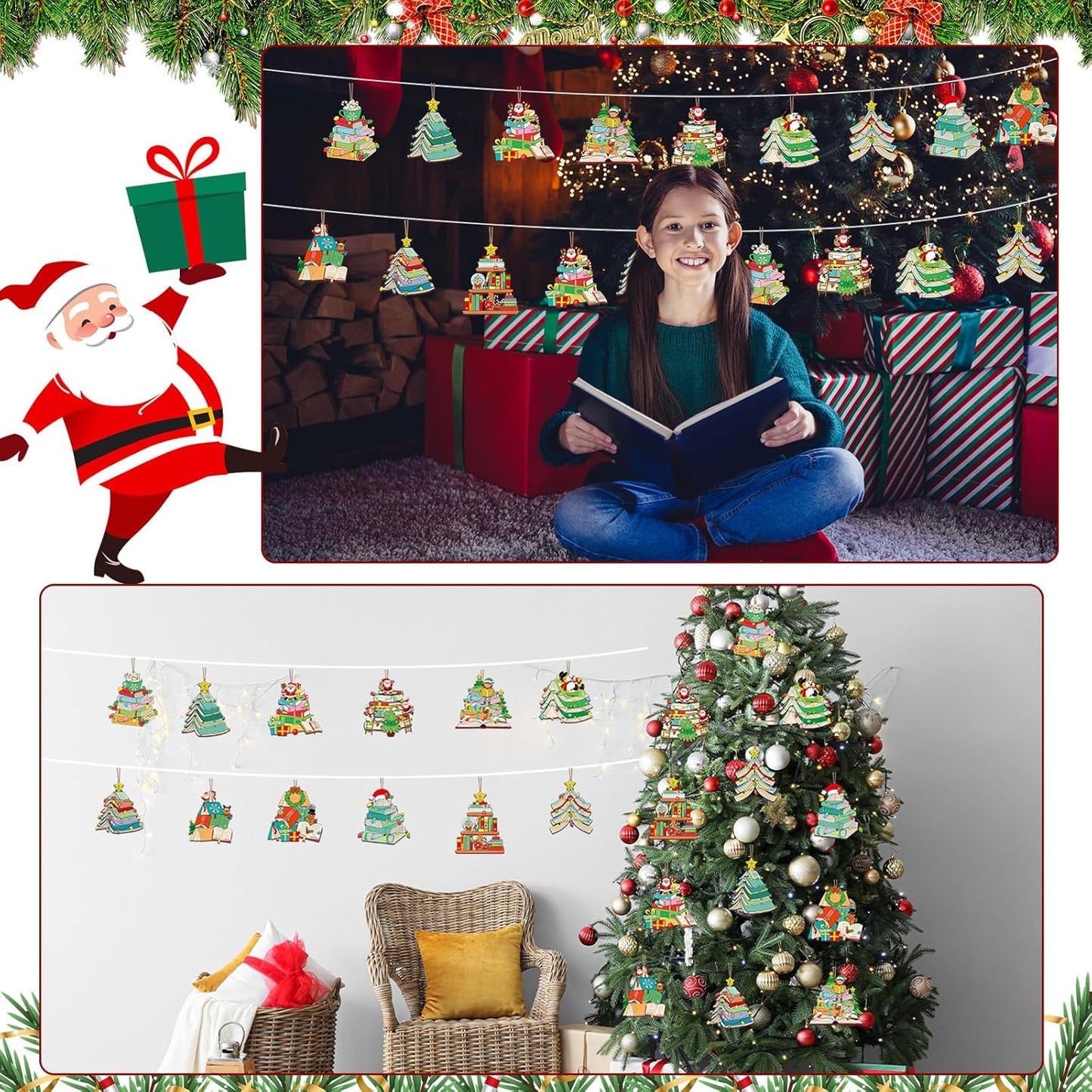 24Pcs Christmas Wooden Book Ornaments Book Lovers Gifts Xmas Tree Reading Ornament Bookshelf Hanging Wood Signs Crafts