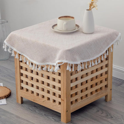 24 Inch Linen Small Round Tablecloth Beige Washable Wrinkle Resistant Table Cover with Tassels Farmhouse Decorative