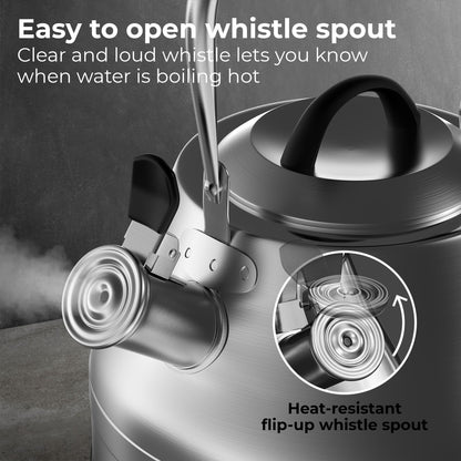 Stovetop Whistling Tea Kettle – 2.4 QT Stainless Steel Teapot with Ergonomic Handle, Fast Heating for Gas, Electric & Induction Stoves – Satin Finish, Silver