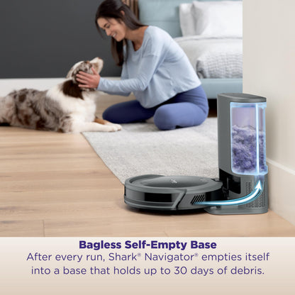 Shark Navigator Robot Vacuum with Bagless 30-Day Capacity Self-Empty Base, Powerful Suction, SmartPath Navigation, Self-Cleaning Brushroll, for Carpets & Hard Floors, White, AV2110S