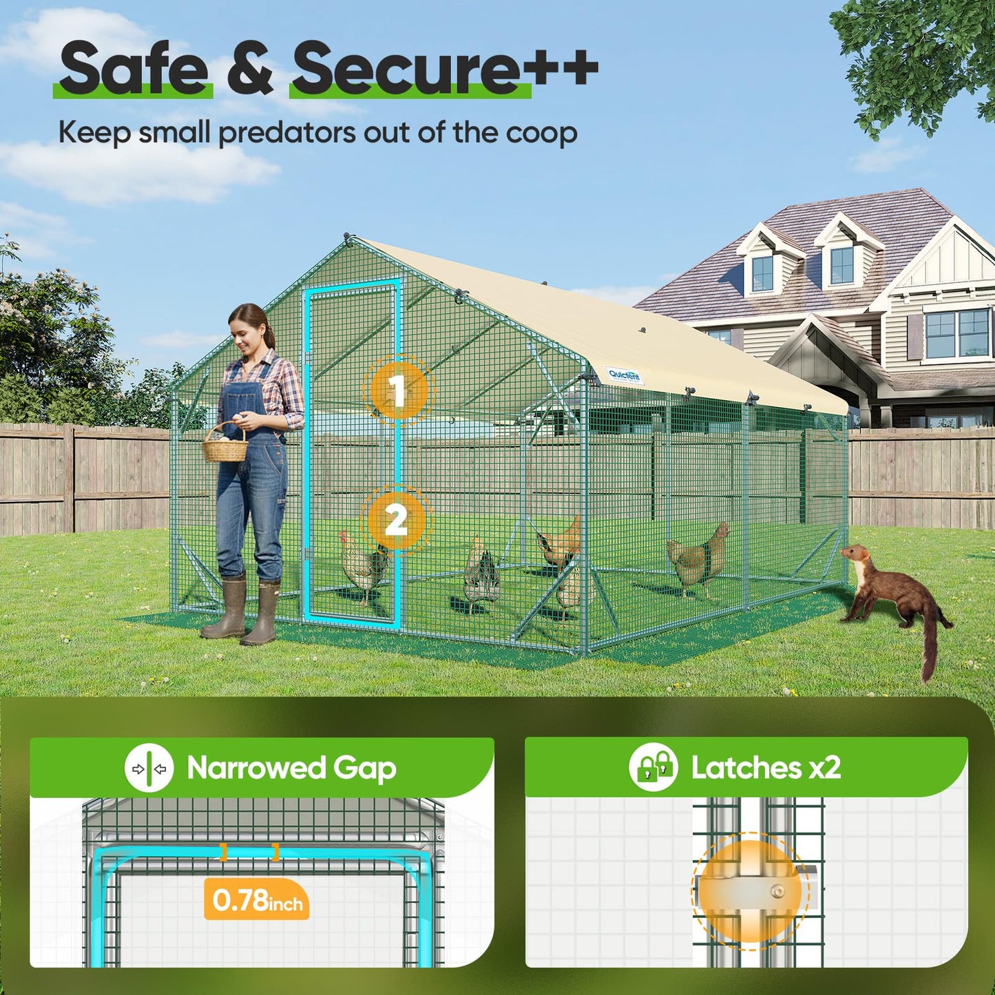 Quictent 12x9x6.6ft Metal Chicken Coop Run with Side Hardware Cloth, Elite Series Large Walk-in Outdoor Poultry Cage Heavy Duty Predator Proof Hen Duck Rabbit Farm Pen House, Waterproof Anti-UV Cover