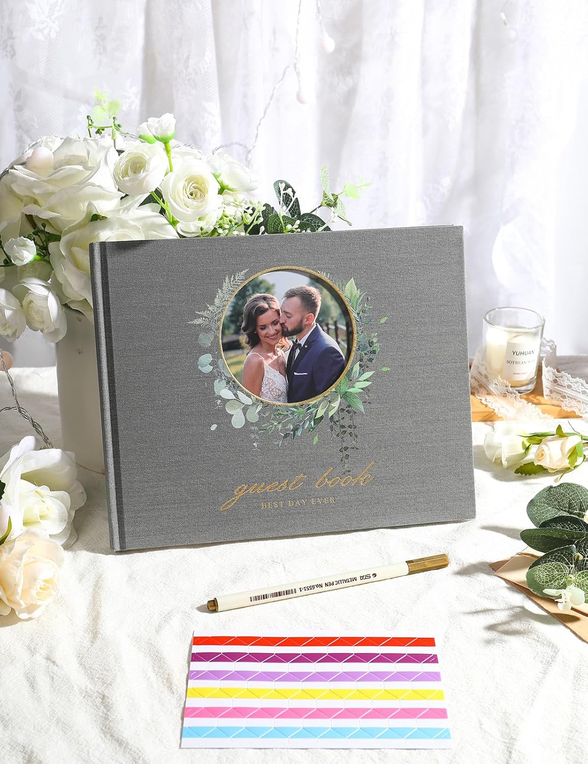 Wedding Guest Book, Polaroid Guest Book Alternative, 100 Pages Thick Paper, 8" x 10" with Markers and Protectors