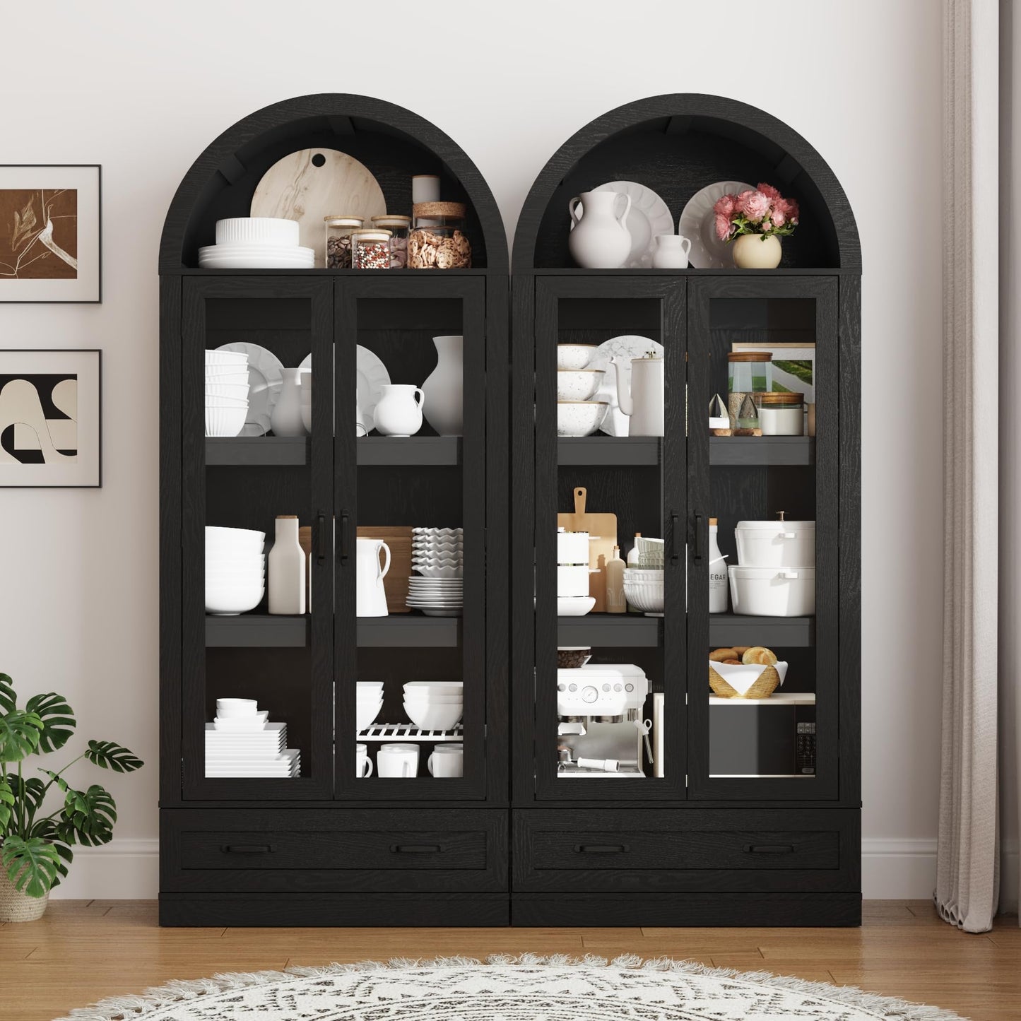 75" Tall Arched Kitchen Pantry Cabinet w Load-Bearing Steel Pipe,Modern Farmhouse Kitchens Storage Cabinet with Drawer and Glass Doors,Tall Arched Bookcase,Pantry Organizer(Woodgrain Black)