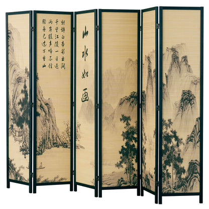 MyGift Decorative 6 Panel Folding Room Divider Bamboo Screen with Chinese Calligraphy Design, 6FT Freestanding Floral Artwork Room Partitioner with Black Wood Frame 94.5''W x 69''H