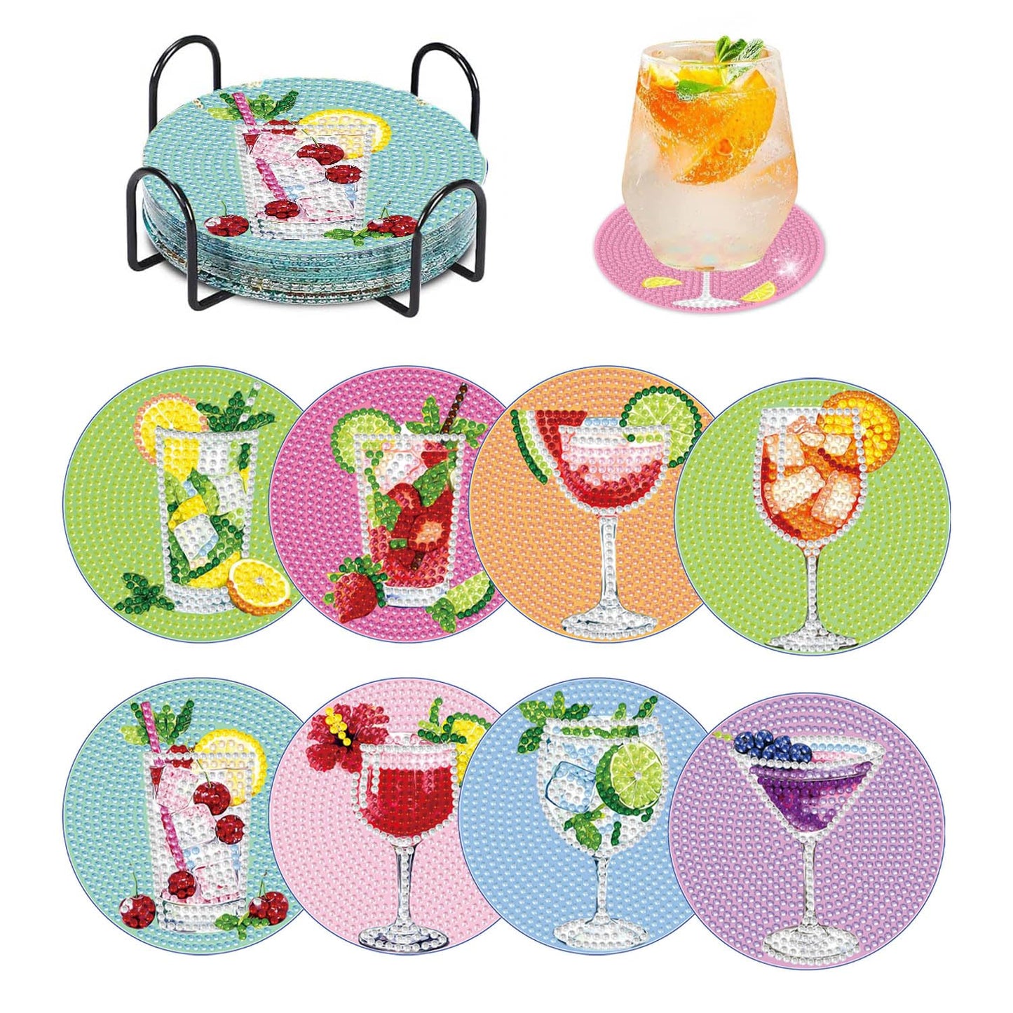 Dlylust 8 PCS Cocktail Diamond Art Coasters Kits, Diamond Painting Coasters with Holder Set of 8, DIY Drink Art Crafts Supplies for Adults Cup Mat House Warming Gifts Non-Slip 3.9inch