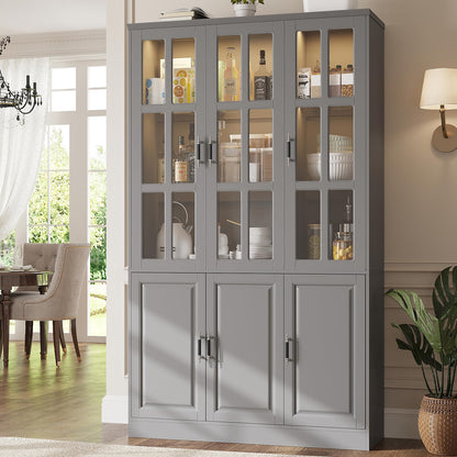 MEISSALIVVE 78.7" Tall Pantry Cabinet with LED Lights, Freestanding Kitchen Pantry with Glass Doors, Large Food Storage Cabinet, Grey (47.2" W x 15.7" D)