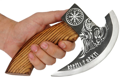 Handmade 8” Pizza Cutter, 6” Cutting Blade with Carbon Steel, Leather Sheath, Skull Design, Viking Style Pizza Cutter Axe Design. Multi-Purpose Cutter… (Dark Wood Handle)