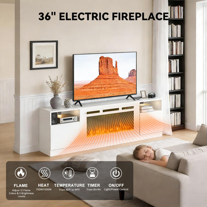 OneBlis 70" Fireplace TV Stand, LED Light Entertainment Center for TVs Up to 80", High-Gloss Door, Modern TV Console for Living Room with Storage Cabinet, White+White