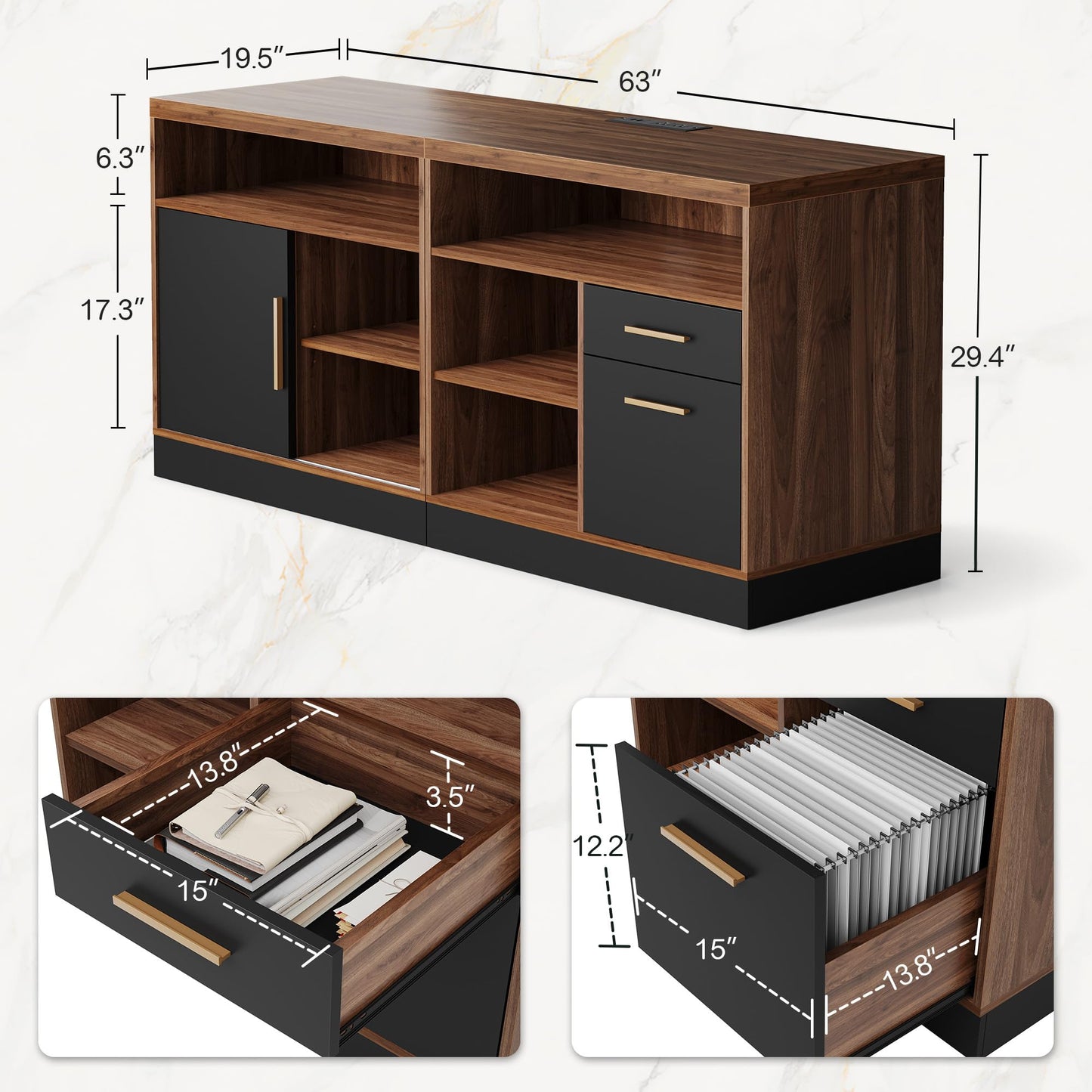 ModernMate Lateral File Cabinet with Lock,Home Office Furniture Storage Cabinet w/2 Drawers for A4 / Letter Documents, Wide Credenza w/Built-in Power Outlet, Fashion TV Stand Organizer Black Walnut