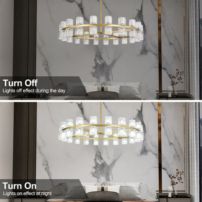 Leadtek 40 Inch Modern Farmhouse Chandelier with K9 Crystal Chandelier Shade, Gold Wagon Wheel Chandelier, for Dining Room Light Fixture, Kitchen Island, Entryway, Foyer, Bedroom Lighting