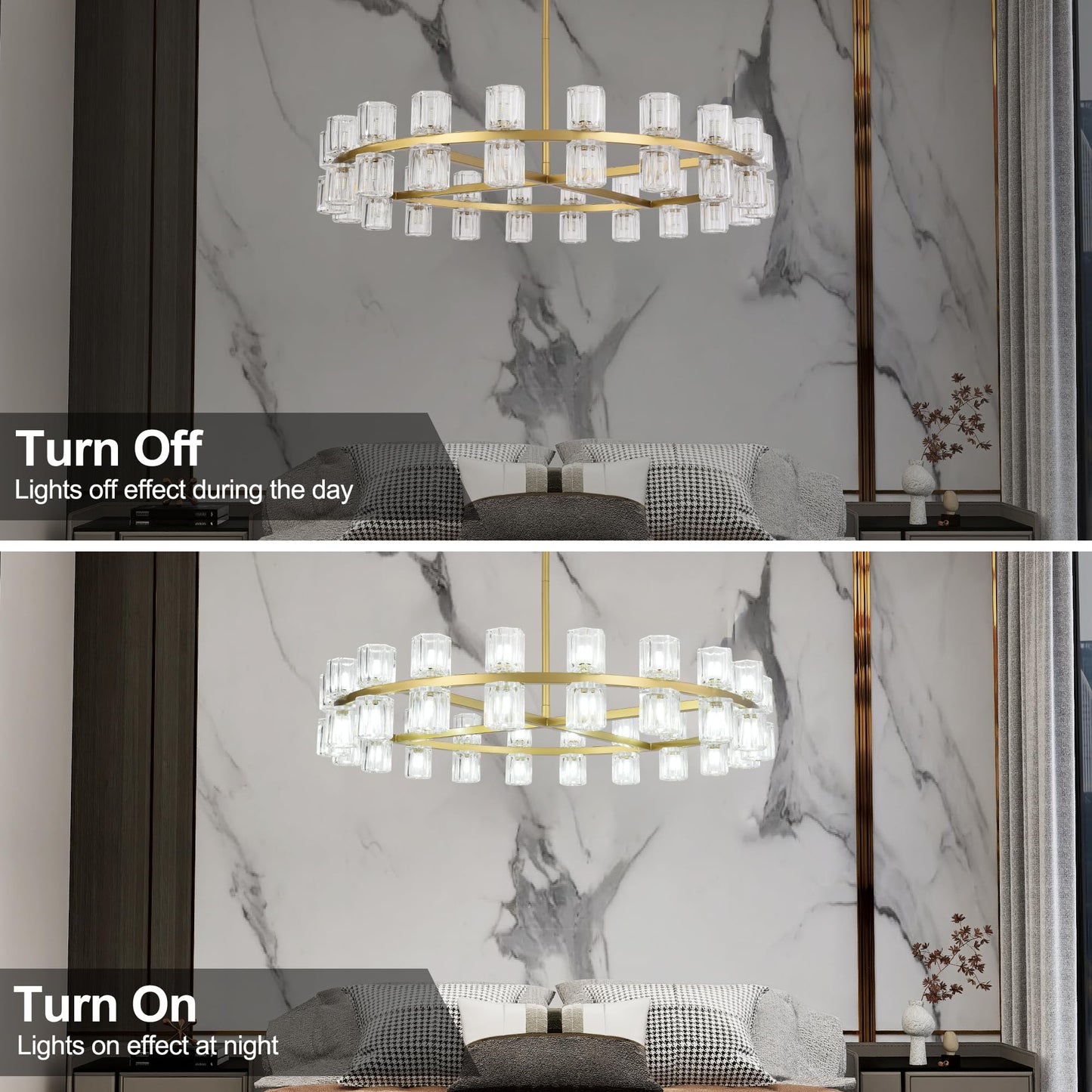 Leadtek 31.5 Inch Gold Wagon Wheel Chandelier, Modern Farmhouse Chandelier with K9 Crystal Chandelier Shade, for Dining Room Light Fixture, Kitchen Island, Entryway, Foyer