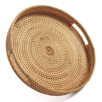 Coffee Table Tray Round Rattan Ottoman Tray Woven Serving Trays with Handles for Home and Kitchen Decorative Natural (Large 16.9 inch)