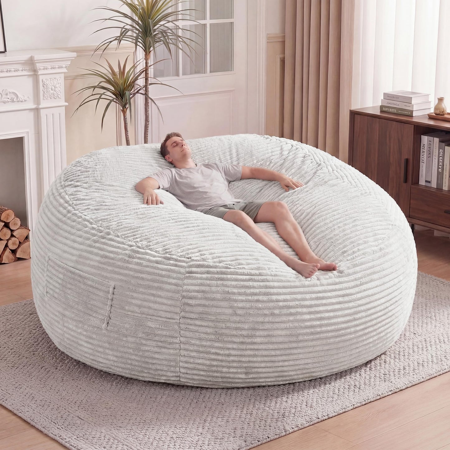 Claiks 8 Ft Giant Foam Bean Bag Chair, Oversized Couch with Removable Cover, Soft Plush Bean Bag Chairs for Adults and for Kids Teens Adults in Living Room, Beige