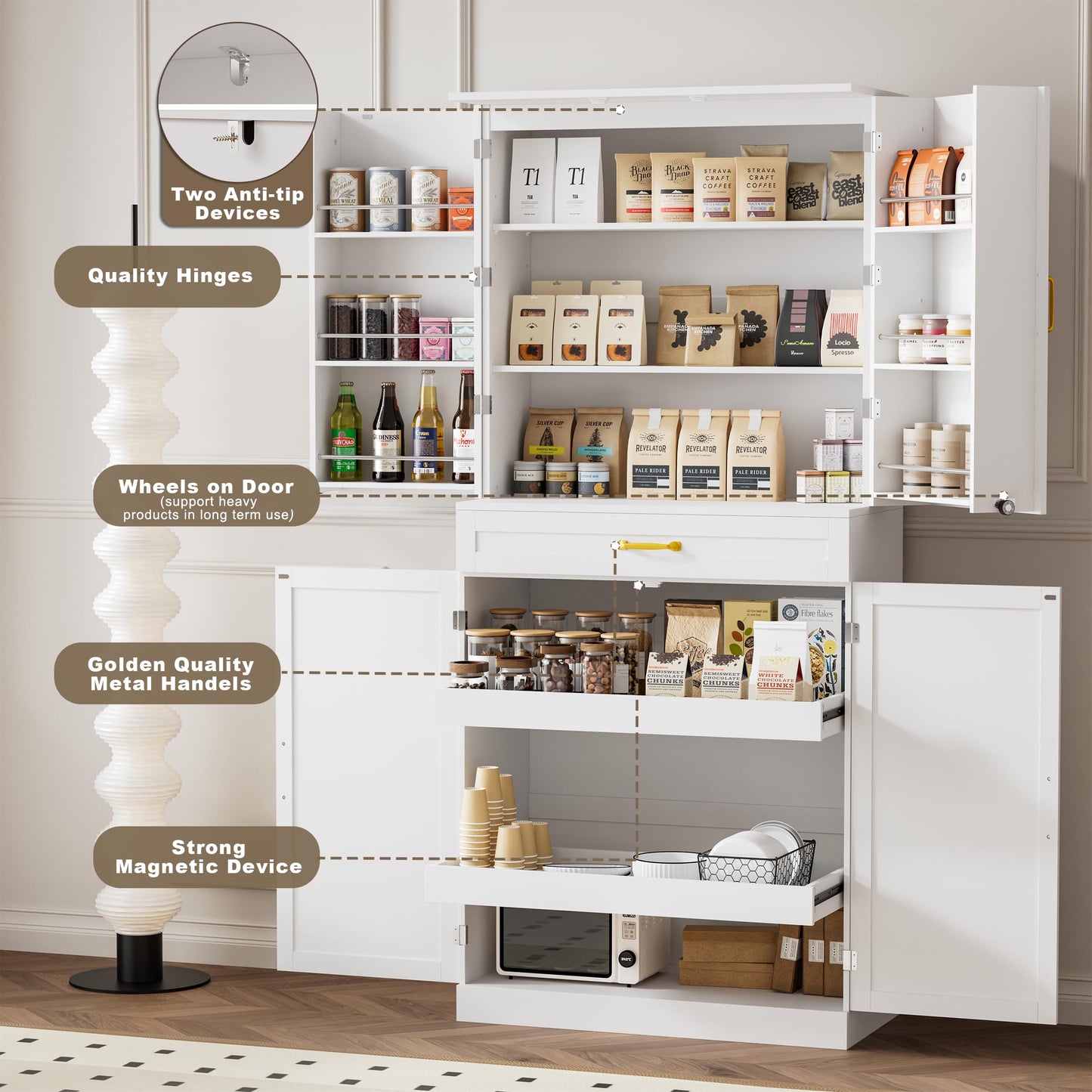 HQZX 71’’ Tall Kitchen Pantry Cabinet, Pantry Storage Cabinet with 6 Doors Shelves, Large Drawer & 2 Pull Out Shelves, Freestanding Cupboard for Kitchen, Dining Room, White