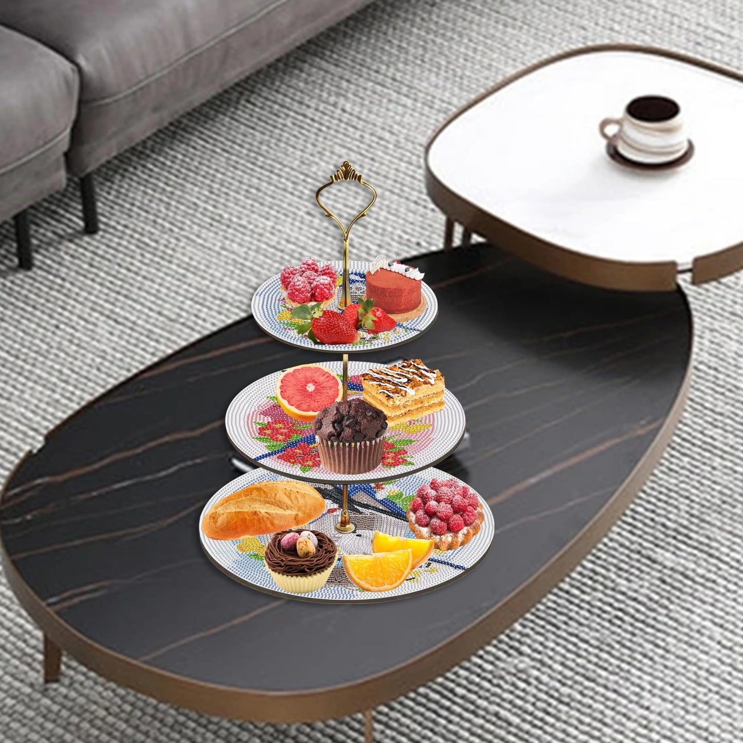 Three-Tier Diamond Painting Wooden Cake Stand DIY Sunflower Diamond Painting Cupcake Towel-Lined Tiered Tray Reusable Pastry Stand (Little Bird)