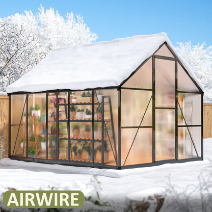 AirWire 8x10 FT Greenhouse for Outdoors, Quick Setup Polycarbonate Green House with Roof Vent, Aluminum Large Walk-in Greenhouse for Outside Garden Backyard, Black