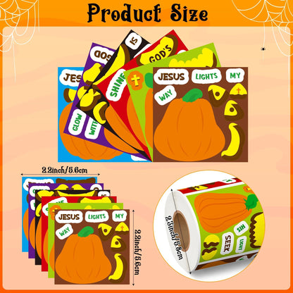Haooryx Pumpkin Religious Sticker Roll - 300Pcs Make A Autumn Halloween Pumpkin Face Stickers Self Adhesive Waterproof Vinyl Water Bottle Page Activity Pad Fall Party Favor Scrapbook DIY Church Event