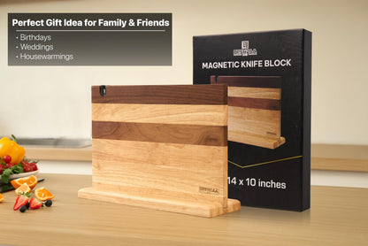 BRENZAA Magnetic Knife Block with Built-in Sharpener, 14 inch Double Sided Wood Knife Holder for Countertop, Universal Knife Stand without Knives (Rubberwood and Walnut Decor)
