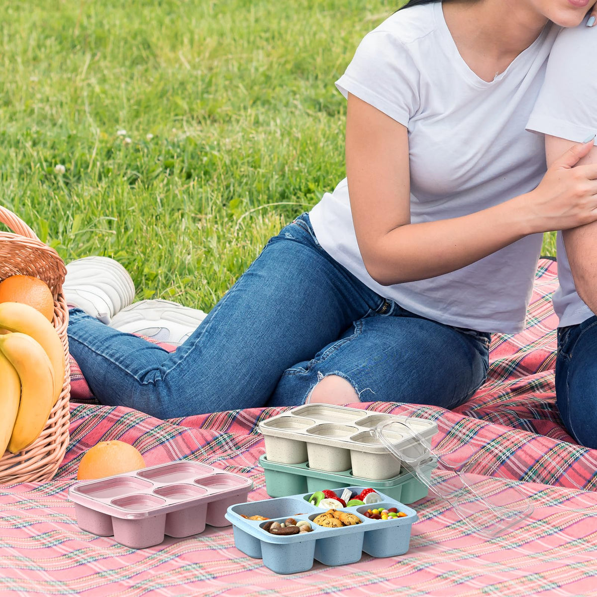 Bento Box Adult Lunch Box - 4 Pack, 5 - Compartment Meal Prep Container for Kids, Reusable Food Storage Snack Containers - Stackable for School, Work, and Travel (Wheat(Green/Blue/Pink/Beige))