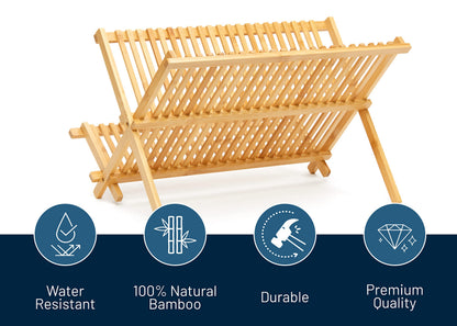 RoyalHouse Premium Natural Bamboo Dish Rack, Collapsible Dish Drainer, Foldable and Compact Dish Drying Rack for Kitchen Counter