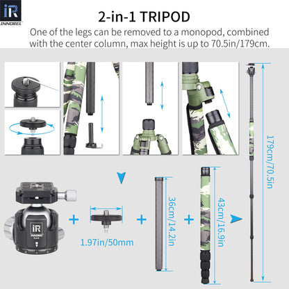 Carbon Fiber Tripod-RT75CG Super Professional Tripod Monopod Heavy Duty Compact Stand Support with 44mm/1.73in Low Gravity Center 360°Panoramic ballhead for Digital DSLR Camera, max Load 20kg/44lb
