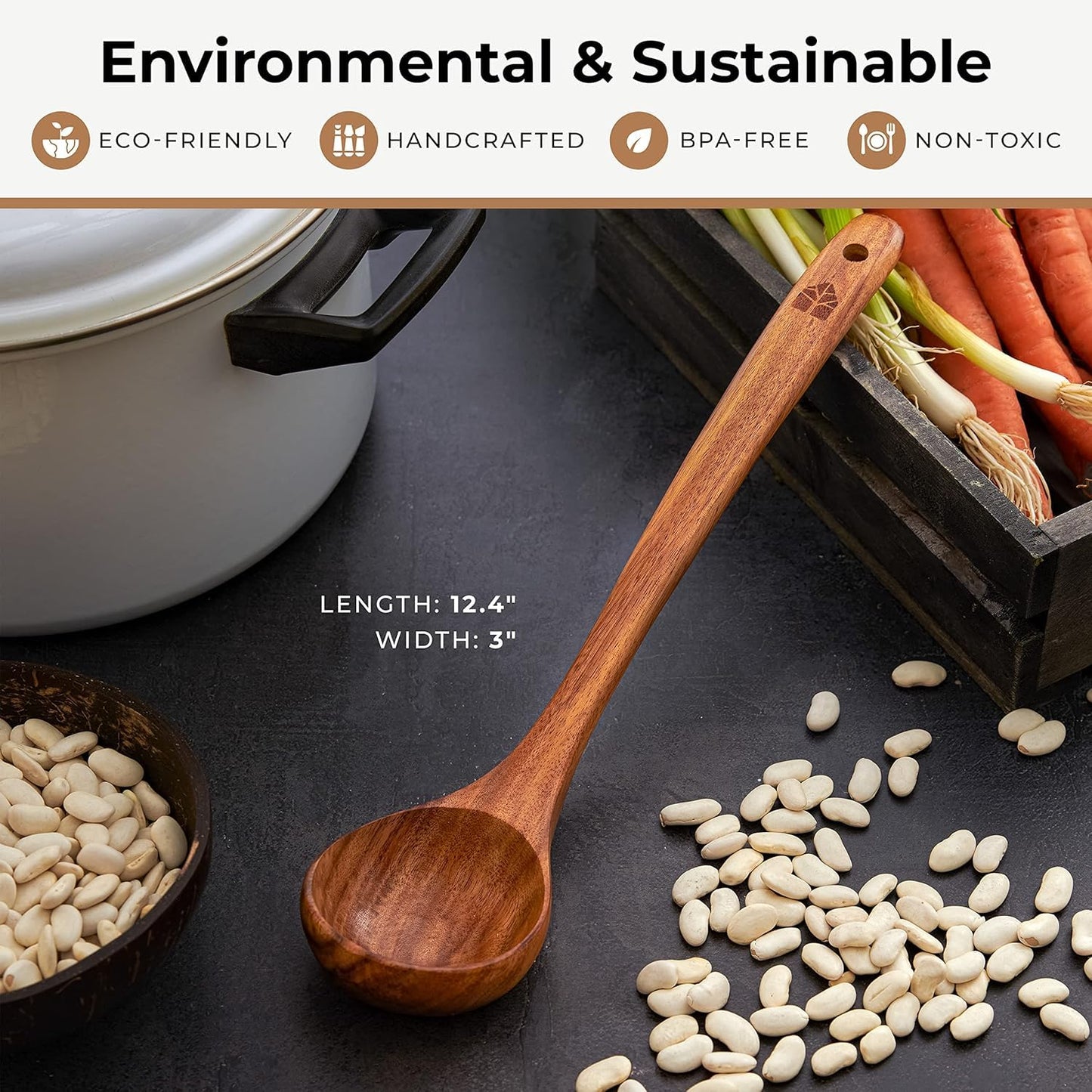 Wooden Ladle for Cooking, Soup Spoon Ladle – Teak Wooden Serving Spoon, 12.4″ Handle, Medium Scoop Size 2 oz – Eco Friendly, Natural and Sustainable
